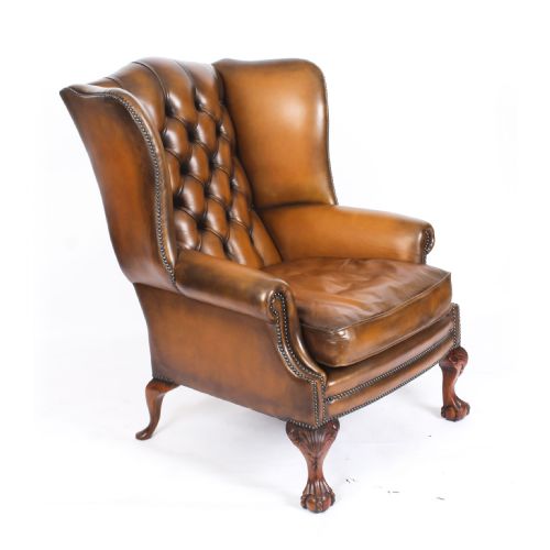 fig 1. Antique Pair Leather Chippendale Wingback Armchairs c.1920