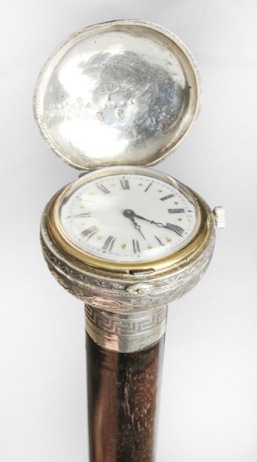fig 1. Antique French Silver & Ebonised Watch Opera Cane Walking Stick 19th C