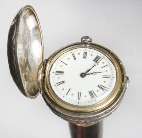 fig 2. Antique French Silver & Ebonised Watch Opera Cane Walking Stick 19th C