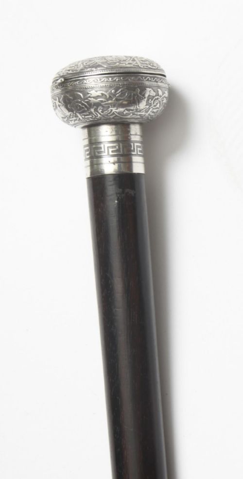 fig 3. Antique French Silver & Ebonised Watch Opera Cane Walking Stick 19th C