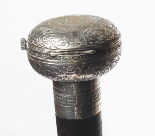 fig 4. Antique French Silver & Ebonised Watch Opera Cane Walking Stick 19th C