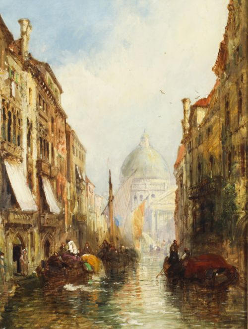 fig 1. A 19th-century oil painting depicting a Venetian canal with boats leading towards a domed church, housed in an ornate carved giltwood frame.