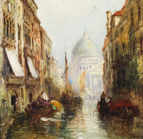 fig 2. A 19th-century oil painting depicting a Venetian canal with boats leading towards a domed church, housed in an ornate carved giltwood frame.