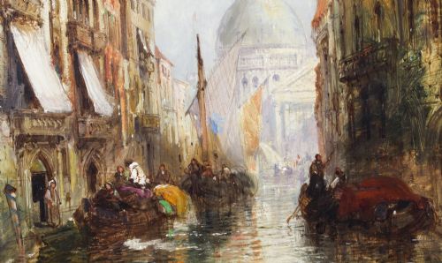 fig 3. A 19th-century oil painting depicting a Venetian canal with boats leading towards a domed church, housed in an ornate carved giltwood frame.