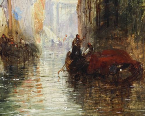 fig 4. A 19th-century oil painting depicting a Venetian canal with boats leading towards a domed church, housed in an ornate carved giltwood frame.
