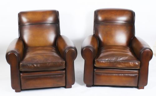 Antique Pair Leather Club Armchairs Tan Circa 1900
