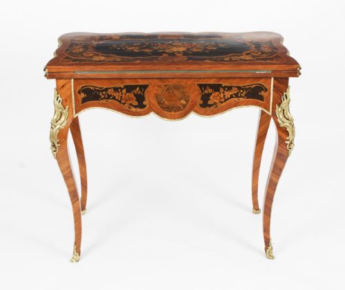 fig 1. Antique French Louis Revival Floral Marquetry Card Table 19th C