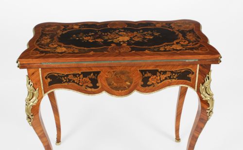 fig 3. Antique French Louis Revival Floral Marquetry Card Table 19th C