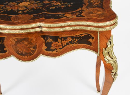 fig 7. Antique French Louis Revival Floral Marquetry Card Table 19th C
