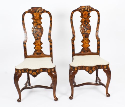 Antique Pair Dutch Marquetry Walnut High Back Side Chairs Late 18th C
