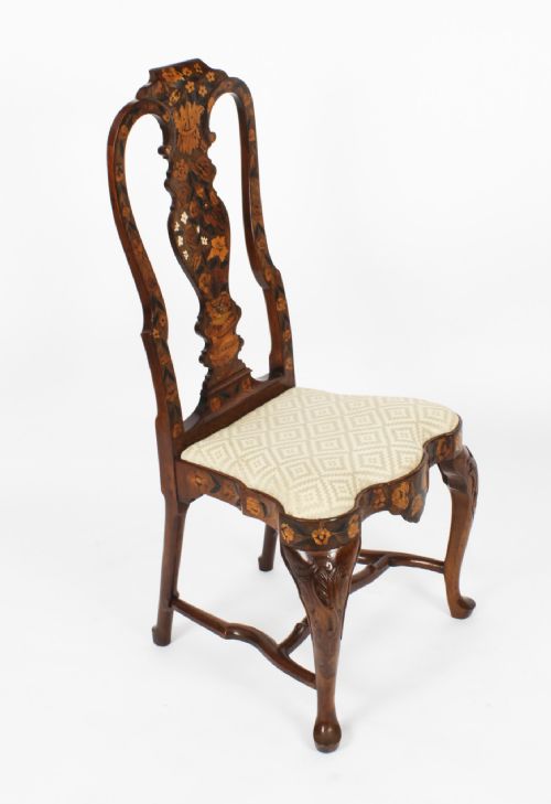 fig 1. Antique Pair Dutch Marquetry Walnut High Back Side Chairs Late 18th C