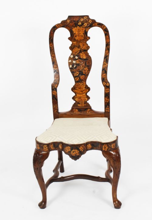 fig 3. Antique Pair Dutch Marquetry Walnut High Back Side Chairs Late 18th C