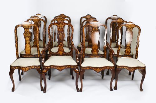Antique Set 12 Dutch Marquetry Walnut High Back Dining Chairs Late 18th C
