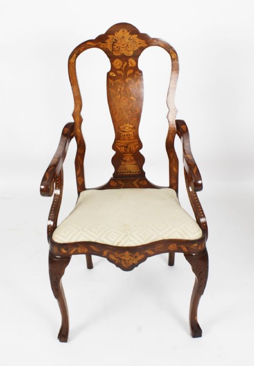 fig 4. Antique Set 12 Dutch Marquetry Walnut High Back Dining Chairs Late 18th C
