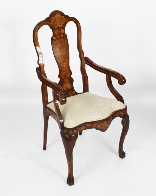fig 5. Antique Set 12 Dutch Marquetry Walnut High Back Dining Chairs Late 18th C
