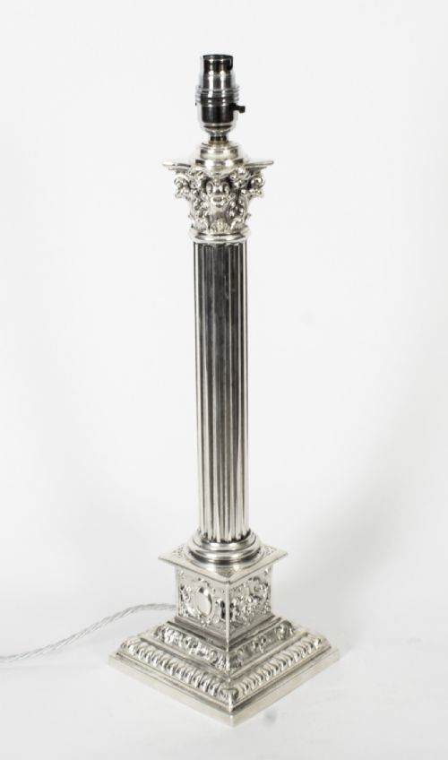 Antique Victorian Silver Plated Corinthian Column Table Lamp Late 19th C
