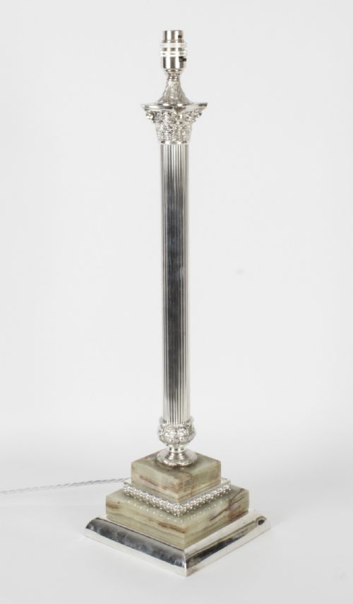 Antique Victorian Silver Plated Onyx Corinthian Column Table Lamp C.1880 19th C
