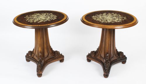 Antique Pair William IV Marquetry Burr Walnut Occaional Tables 19th C
