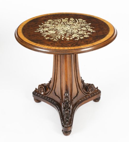 fig 2. Antique Pair William IV Marquetry Burr Walnut Occaional Tables 19th C