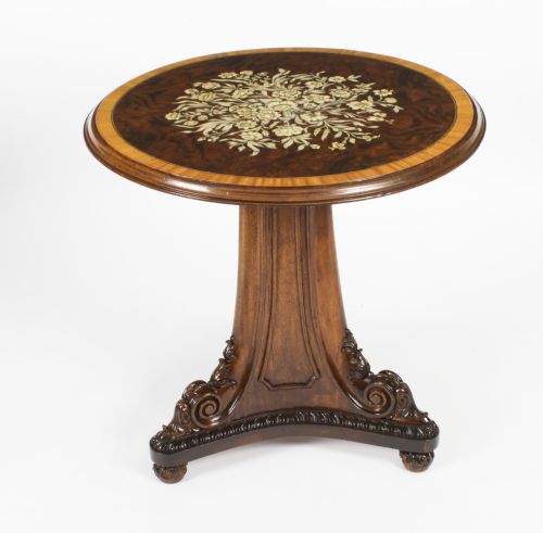 fig 3. Antique Pair William IV Marquetry Burr Walnut Occaional Tables 19th C