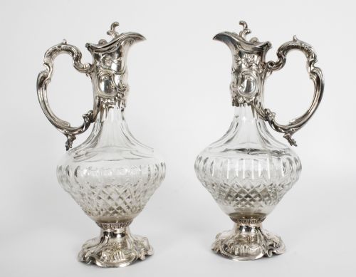 Antique Pair Victorian Silver Plated and Cut Crystal Claret Jugs 19th C
