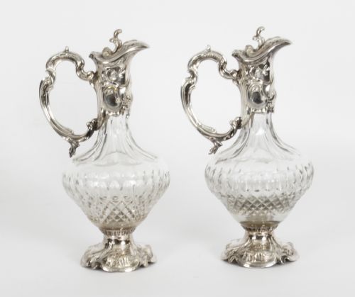 fig 1. Antique Pair Victorian Silver Plated and Cut Crystal Claret Jugs 19th C