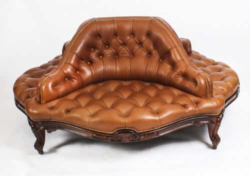 Antique Victorian Leather Love Seat Conversation Settee Sofa 19th C
