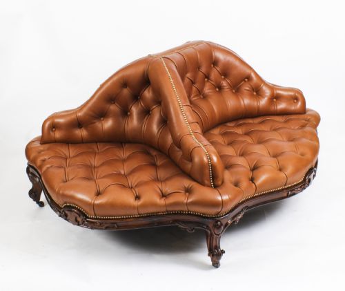 fig 1. Antique Victorian Leather Love Seat Conversation Settee Sofa 19th C

