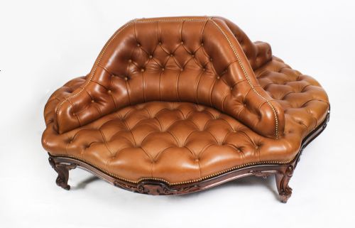 fig 2. Antique Victorian Leather Love Seat Conversation Settee Sofa 19th C
