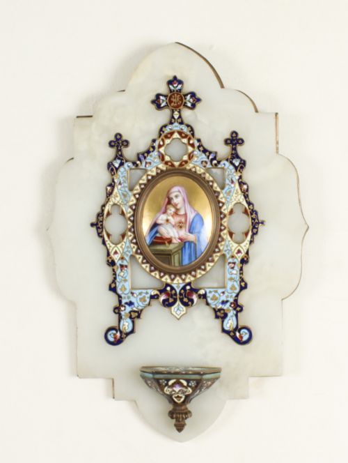 Antique French Onyx and Cloisonne' Ename Holy Water Font Stoop 19thc