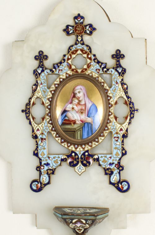 fig 1. Antique French Onyx and Cloisonne' Ename Holy Water Font Stoop 19thC