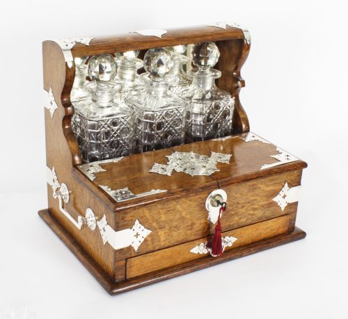 Antique English Victorian Golden Oak 3 Crystal Decanter Tantalus Dry Bar 19th C
