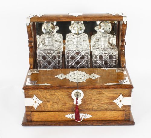 fig 1. Antique English Victorian Golden Oak 3 Crystal Decanter Tantalus Dry Bar 19th C
