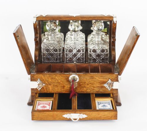 fig 2. Antique English Victorian Golden Oak 3 Crystal Decanter Tantalus Dry Bar 19th C

