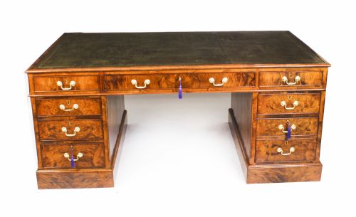 Antique Victorian Burr Walnut Partners Pedestal Desk 19th C
