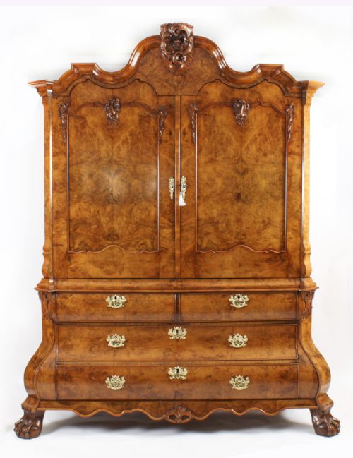 Antique Dutch Burr Walnut Bombé Cabinet Armoire 18th Century
