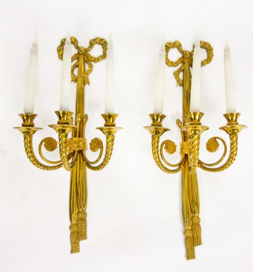 fig 1. Antique Set 4 Regency Revival Ormolu Wall Lights Appliques 20th C
