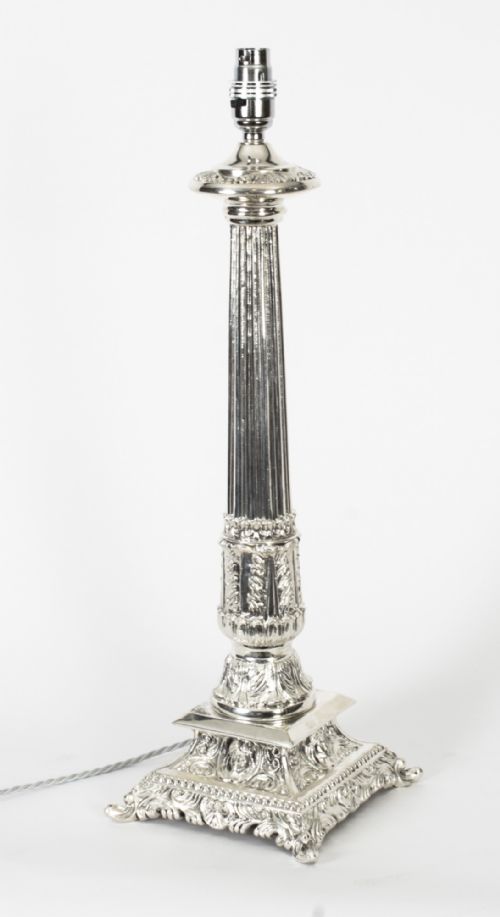 Antique Victorian Silver Plated Doric Column Table Lamp C.1880 19th C
