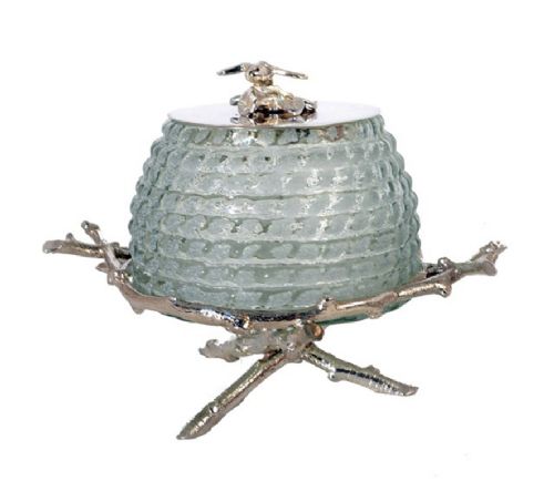 Antique Silver Plate & Cut Glass Honey Jar on Stand C1920
