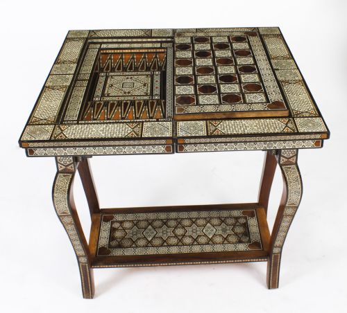 fig 3. Antique Syrian Damascus Inlaid card, chess, backgammon, games table C1910
