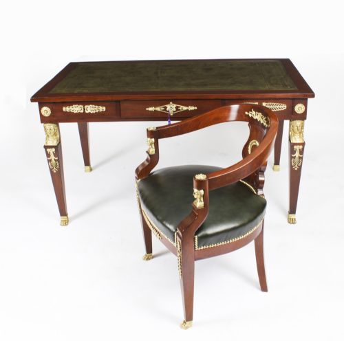 Antique Empire Revival Bureau Plat Desk Writing Table & Armchair 19th C
