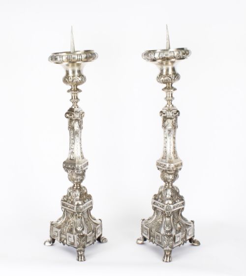 Antique Pair Large Baroque Silver Plated Ecclesiastical Candlesticks 19th C
