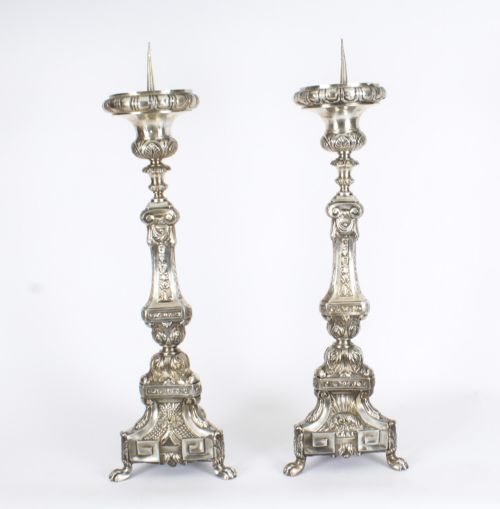 fig 1. Antique Pair Large Baroque Silver Plated Ecclesiastical Candlesticks 19th C
