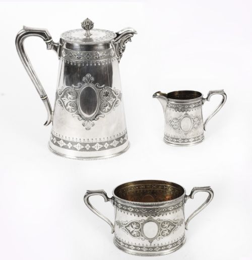 Antique Victorian Cased Silver 3 X Coffee Set Elkington 19th Century
