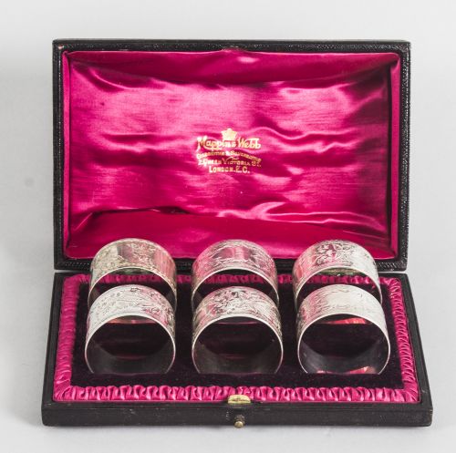 Antique Victorian Cased Set of Six Sterling Silver Napkin Rings 19th C
