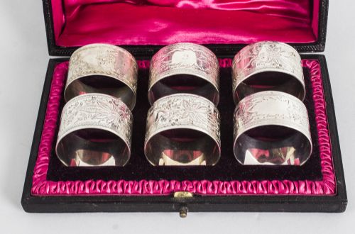 fig 1. Antique Victorian Cased Set of Six Sterling Silver Napkin Rings 19th C