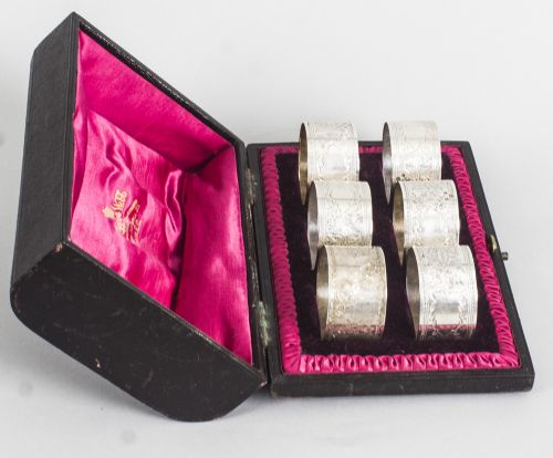 fig 2. Antique Victorian Cased Set of Six Sterling Silver Napkin Rings 19th C