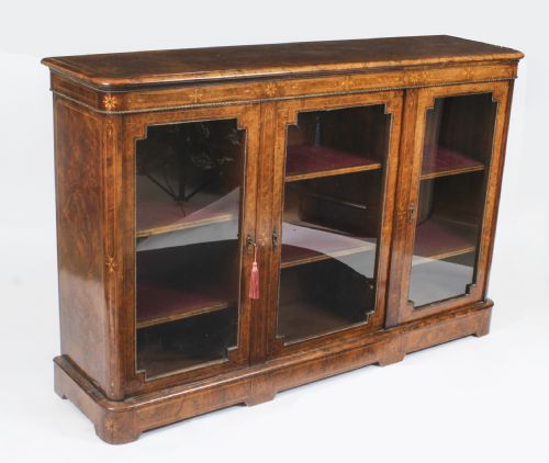Antique Victorian Burr Walnut 3 Door Credenza Sideboard Bookcase 19th C
