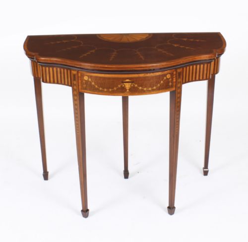 ANTIQUE MAHOGANY AND SATINWOOD INLAID SERPENTINE CARD CONSOLE TABLE CIRCA 1880 - ADDITIONAL PHOTO 1