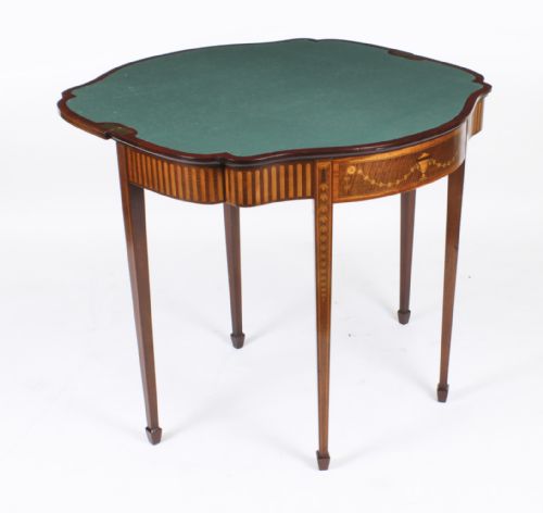 ANTIQUE MAHOGANY AND SATINWOOD INLAID SERPENTINE CARD CONSOLE TABLE CIRCA 1880 - ADDITIONAL PHOTO 3